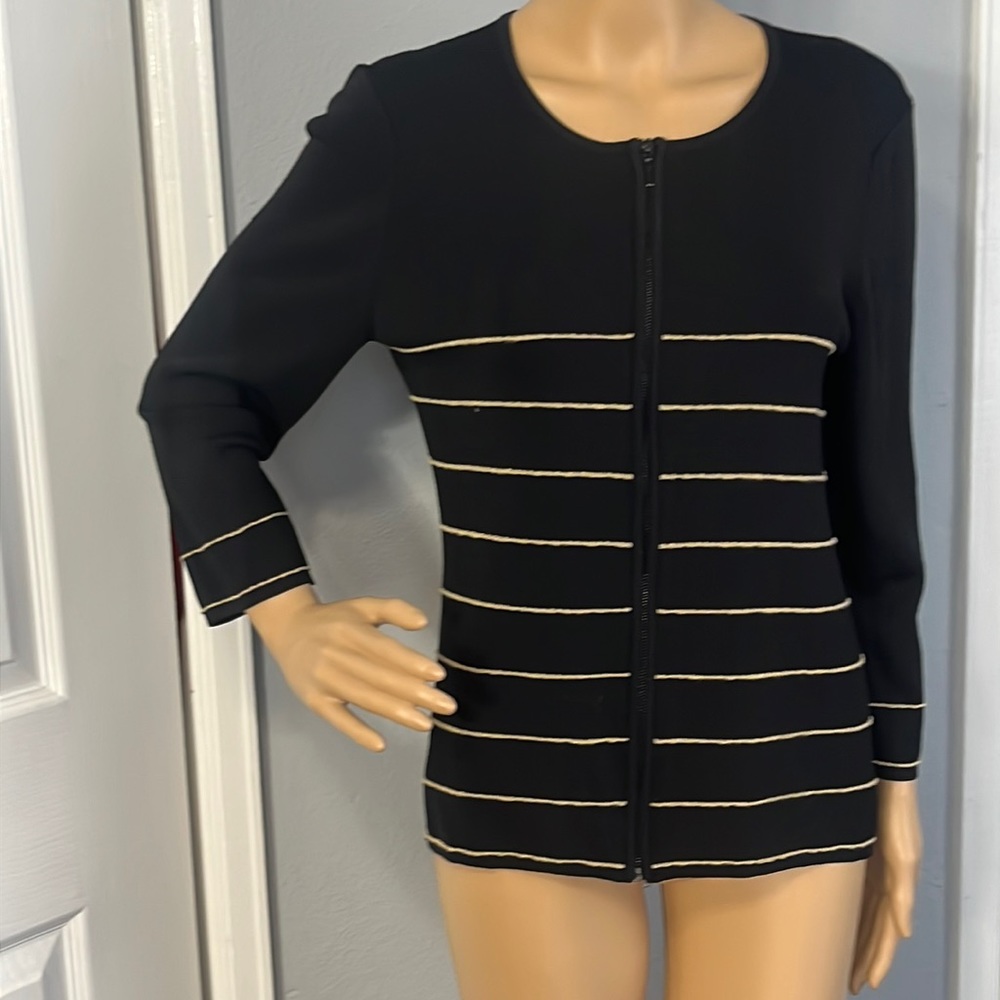 Cable & Gauge Shimmery Gold Striped Black Zip Up Cardigan